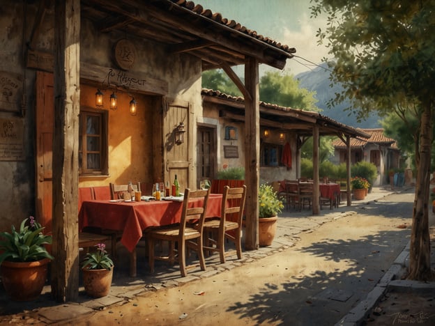 Auf dem Bild ist eine malerische, ländliche Szene zu sehen, die eine einladende Gaststätte oder ein Restaurant zeigt. Es gibt Tische mit roten Tischdecken im Freien, und die Atmosphäre wirkt entspannt und gemütlich.Verhaltensweisen am Reiseziel könnten Folgendes umfassen:1. **Gemütliches Beisammensitzen**: Die Gäste könnten draußen sitzen, sich entspannen und die Aussicht genießen.2. **Essen und Trinken**: Man würde lokale Spezialitäten probieren und regionale Getränke genießen.3. **Spaziergänge**: Ein Spaziergang durch die charmante Umgebung ist sicherlich angenehm, um die Natur und die Architektur zu erkunden.4. **Gespräch mit Einheimischen**: Interaktionen mit den Einheimischen könnten Einblicke in die Kultur und Traditionen bieten.5. **Fotografieren**: Viele würden die schöne Umgebung fotografieren, um die Erinnerungen festzuhalten.Insgesamt strahlt der Ort eine entspannte Urlaubsatmosphäre aus.