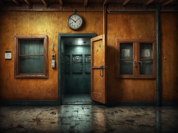 Auf dem Bild ist ein Innenraum mit Holzwänden und einem großen Fenster zu sehen. Es gibt eine offene Tür, die auf einen weiteren Raum hinweist, sowie eine Wanduhr, die die Zeit anzeigt. Die Atmosphäre wirkt etwas unheimlich und vernachlässigt.Nach der Heimkehr: Quarantäne und Tests könnten in einem solchen Raum stattfinden, da die Umgebung steril und überwacht wirkt. Der offene Zugang könnte darauf hindeuten, dass Besucher oder Personen nach ihrer Rückkehr kontrolliert werden müssen. Die Fenster, die anscheinend Informationen anzeigen, könnten Testprotokolle oder Quarantäneregeln enthalten.