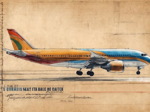 Ein seitliches Design eines Flugzeugs in leuchtenden Farben, hauptsächlich Orange und Blau, auf einem beige Hintergrund mit zeichnerischen Elementen. Die Darstellung wirkt wie eine technische Skizze und ist von handschriftlichen Notizen umgeben, die an einen Vintage-Stil erinnern.