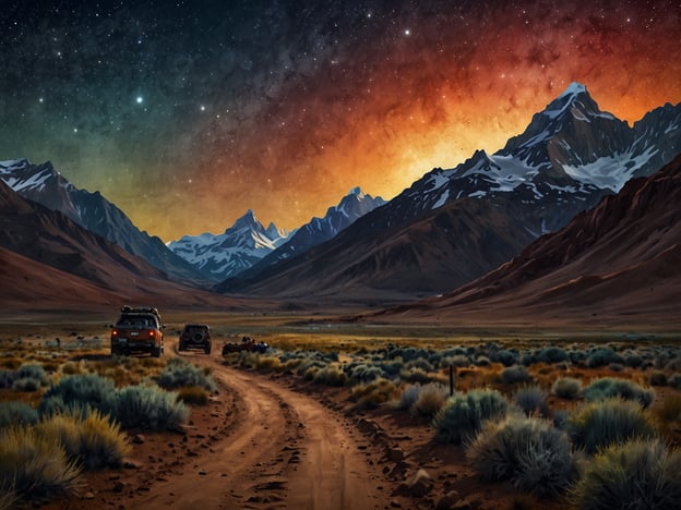 Auf dem Bild ist eine beeindruckende Landschaft mit einer staubigen Straße zu sehen, die durch eine weite, bergige Wüste führt. Im Hintergrund ragen majestätische Berge auf, die von schneebedeckten Gipfeln geprägt sind und von einem sternenklaren Himmel begleitet werden, der in warmen Farben leuchtet.### Reisetipps für Nord- und Südamerika:**Kanada:**- Besuchen Sie die Rocky Mountains für atemberaubende Ausblicke und Outdoor-Aktivitäten wie Wandern und Skifahren.- Erkunden Sie die Nationalparks, wie Banff und Jasper, ideal für Natur- und Tierliebhaber.**USA:**- Entdecken Sie die Vielfalt in den Nationalparks der USA, wie den Grand Canyon oder Yellowstone.- Machen Sie eine Roadtrip entlang der Westküste, um die beeindruckenden Klippen und Strände Kaliforniens zu erleben.**Mexiko:**- Besuchen Sie die alten Ruinen von Tikal in Guatemala oder Chichen Itza in Mexiko für einen Einblick in die Maya-Kultur.- Genießen Sie die Strände der Riviera Maya und probieren Sie lokale Küche.**Südamerika:**- In Chile, erkunden Sie die Atacama-Wüste, eine der trockensten Wüsten der Welt, bekannt für ihre surrealen Landschaften.- Besuchen Sie Patagonien in Argentinien und Chile für unvergessliche Wanderungen in der Natur, wie im Torres del Paine Nationalpark.Diese Regionen bieten eine Vielzahl von Naturwundern und kulturellen Erlebnissen, die es wert sind, entdeckt zu werden!