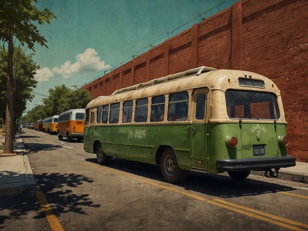 Auf dem Bild ist ein alter, grüner Bus zu sehen, der auf einer Straße steht, während mehrere weitere Bussen in einer Reihe parken. Die Szenerie wirkt städtisch, umgeben von Bäumen und einer roten Mauer im Hintergrund.Hier sind einige Tipps und Tricks für nachhaltiges Reisen:1. **Öffentliche Verkehrsmittel nutzen**: Wie der Bus im Bild zeigt, ist die Nutzung öffentlicher Verkehrsmittel eine umweltfreundliche Möglichkeit, sich fortzubewegen und den CO2-Ausstoß zu reduzieren.2. **Zugreisen bevorzugen**: Wenn möglich, wähle Züge statt Flugzeuge, um lange Strecken zurückzulegen. Zugreisen sind häufig energieeffizienter und bieten atemberaubende Landschaften.3. **Fahrrad oder zu Fuß erkunden**: Nutze die Möglichkeit, die Umgebung mit dem Fahrrad zu erkunden oder zu Fuß zu gehen. Das ist nicht nur umweltfreundlich, sondern ermöglicht auch ein intensiveres Erlebnis.4. **Lokale Produkte kaufen**: Unterstütze lokale Märkte und Geschäfte, um die regionale Wirtschaft zu stärken und den ökologischen Fußabdruck durch den Transport von Waren zu minimieren.5. **Unterkünfte mit nachhaltigen Praktiken**: Wähle Hotels oder Pensionen, die umweltfreundliche Praktiken anwenden, wie Recycling, Wasserspareinrichtungen und regionale Lebensmittel in der Küche.6. **Achtsam mit Ressourcen umgehen**: Sei verantwortungsbewusst im Umgang mit Wasser und Energie. Schalte das Licht aus und dusche möglichst kurz.7. **Reise in der Nebensaison**: Dadurch vermeidest du überfüllte Orte und trägst zur Entlastung von touristischen Hotspots bei.Mit diesen Tipps kannst du deinen nächsten Urlaub umweltbewusster gestalten!