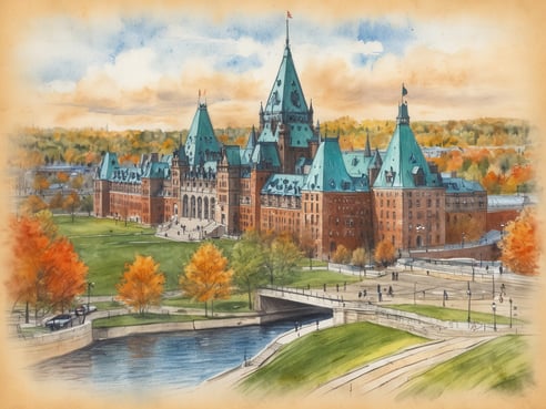 Das Bild zeigt das majestätische Gebäude des Fairmont Château Laurier in Ottawa, umgeben von lebhaften, farbenfrohen Bäumen im Herbst. Der dazugehörige Park ist grün und gut gepflegt, mit Wegen, die zu einer Brücke über einen ruhigen Fluss führen. Menschen spazieren auf den Pfaden, und die charakteristischen Türme des Schlosses erheben sich eindrucksvoll gegen den Himmel. Die warmen Farbtöne des Sonnenuntergangs verleihen der Szene eine einladende Atmosphäre. Für Reisende nach Ottawa ist es empfehlenswert, dieses architektonische Meisterwerk zu besuchen, sowie die Schönheit der umliegenden Natur zu genießen.