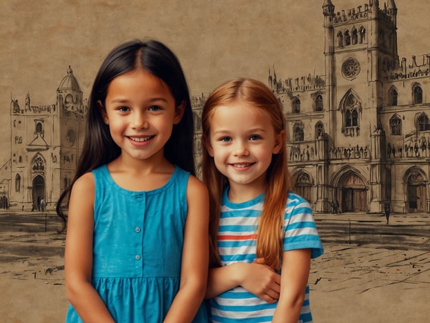 Auf dem Bild sind zwei fröhliche Kinder zu sehen, die in einer städtischen Umgebung posieren. Im Hintergrund befindet sich eine zeichnerische Darstellung eines imposanten Gebäudes, das möglicherweise ein historisches Wahrzeichen oder eine Sehenswürdigkeit ist.Städtereisen bieten eine großartige Möglichkeit, Kultur und Spaß zu verbinden. Bei einem Besuch solcher Städte können Familien nicht nur die Architektur und Geschichte erkunden, sondern auch viele Aktivitäten genießen, die speziell für Kinder geeignet sind. Diese Kombination ermöglicht unvergessliche Erlebnisse und tolle Erinnerungen für Groß und Klein.