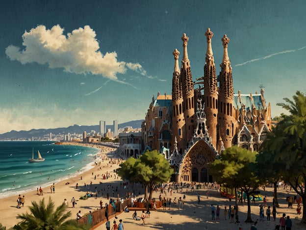 Auf dem Bild ist eine malerische Ansicht von Barcelona zu sehen, die Kunst, Strand und Kultur vereint. Im Vordergrund sehen wir einen lebhaften Strand mit vielen Menschen, die sich entspannen und dem Sonnenbad nachgehen. Das klare, türkisfarbene Wasser und die sanfte Welle verleihen der Szenerie eine entspannte Atmosphäre.
Dominierend im Bild ist ein beeindruckendes architektonisches Meisterwerk, das an die Werke von Antoni Gaudí erinnert, bekannt für seinen einzigartigen modernistischen Stil. Die markanten Türme und die ausgefallenen Details der Fassade ziehen die Aufmerksamkeit auf sich und zeugen von Barcelonas reichhaltigem künstlerischen Erbe.
Im Hintergrund erkennt man die moderne Skyline der Stadt, die die harmonische Verbindung von Tradition und zeitgenössischer Kultur symbolisiert. Die Palmen und die lebhafte Strandpromenade tragen zur seaside Stimmung bei, die typischerweise mit Barcelona assoziiert wird.