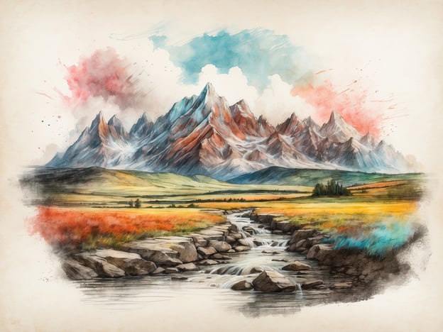 Auf dem Bild ist eine malerische Landschaft zu sehen, die verschiedene Themenbereiche im Park illustriert:
1. **Berge**: Im Hintergrund erheben sich majestätische, schneebedeckte Berge, die das Hauptaugenmerk des Bildes darstellen.
2. **Wasserlauf**: Vor den Bergen fließt ein kleiner Wasserlauf, der sich durch die Landschaft schlängelt und einige Steine zeigt.
3. **Wiesen**: An den Ufern des Wassers gibt es weite, bunte Wiesen mit grünen, gelben und orangenen Farbtönen, die die Vielfalt der Flora hervorheben.
4. **Himmel**: Der Himmel ist in sanften Blau- und Rosatönen gehalten, was dem Bild eine harmonische und friedliche Atmosphäre verleiht.
Diese Elemente machen das Bild zu einer schönen Darstellung einer naturnahen Parklandschaft.