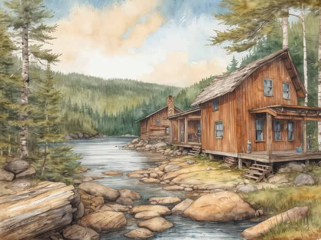 Ein malerisches Bild einer ländlichen Szene in New Brunswick, das zwei Holzferienhäuser am Ufer eines ruhigen Gewässers zeigt. Die Gebäude sind aus rustikalem Holz gebaut und von einer dichten Waldlandschaft umgeben. Sanfte Hügel und Bäume im Hintergrund vermitteln eine friedliche Atmosphäre. Glatte Steine und einige sanfte Wasserbewegungen im Vordergrund ergänzen die Idylle der Landschaft. Die Farbpalette besteht aus sanften Grüntönen, Erdtönen und blauen Himmelstönen, die zu einem einladenden Gesamteindruck führen.