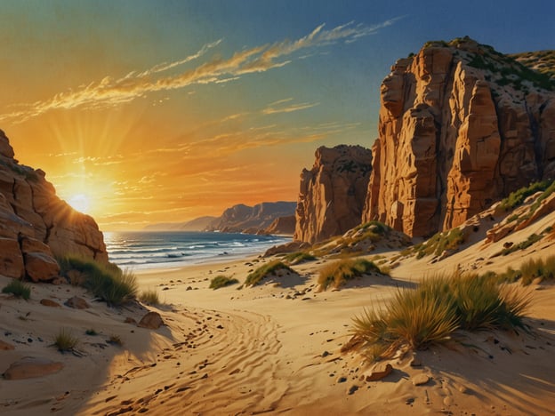 Warum Europas Strände so einzigartig sind: Europas Strände bieten eine beeindruckende Vielfalt, die sich in ihren Landschaften, Farben und Atmosphären widerspiegelt.Auf dem Bild ist eine wunderschöne Küstenlandschaft zu sehen, die sich durch majestätische Felsen und sanfte Sanddünen auszeichnet. Der Sonnenuntergang taucht die Szene in warmes, goldenes Licht, während die Wellen sanft an den Strand spülen. Das Zusammenspiel von Felsen, Gras und dem endlosen Horizont schafft eine idyllische und friedliche Atmosphäre, die zum Entspannen und Verweilen einlädt. Diese Kombination aus Natur und spektakulären Ausblicken macht die Strände Europas so einzigartig und faszinierend.
