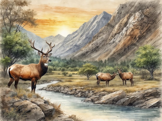 Eine majestätische Landschaft zeigt einen malerischen Fluss, der sanft durch ein Tal fließt. Im Vordergrund steht ein stattlicher Hirsch mit einem beeindruckenden Geweih. Im Hintergrund sind zwei weitere Hirsche zu sehen, die sich in der Nähe des Wassers aufhalten. Die Landschaft wird von hohen Bergen und grünen Bäumen geprägt, während die Sonne hinter den Bergen aufgeht und den Himmel in warmen Farben erleuchtet. Diese Szenerie verkörpert die unberührte Natur und Wildnis, die Neufundland zu bieten hat und lädt dazu ein, die Schönheit und Ruhe dieser Region einmal im Leben zu erleben.