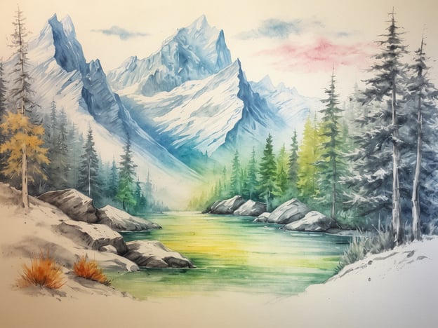 Eine malerische Landschaft im Yukon mit majestätischen Bergen im Hintergrund, deren Gipfel mit Schnee bedeckt sind. Im Vordergrund fließt ein ruhiger Fluss, umgeben von großen, grauen Steinen und üppigem, grünem Wald. Nadelbäume und einige gelbe Laubbäume rahmen die Szene ein. Die Farben sind sanft und harmonisch, mit einer Mischung aus Blau, Grün und Erdtönen, die eine friedliche und natürliche Atmosphäre schaffen. Diese beeindruckende Kulisse lädt zu Outdoor-Aktivitäten ein und zeigt die unberührte Schönheit der Natur im Yukon.
