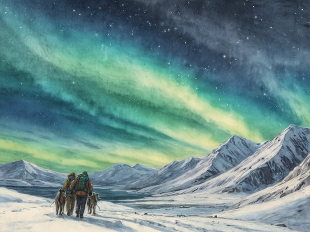 Zwei Menschen und zwei Hunde gehen durch eine schneebedeckte Landschaft in der Arktis. Im Hintergrund erheben sich beeindruckende Berge, während der Himmel mit einem strahlenden Nordlicht in grünen und blauen Farben erleuchtet wird. Die perfekte Kulisse für ein unvergessliches arktisches Abenteuer. Um die Kälte zu bewältigen, tragen die Wanderer warme und wetterfeste Kleidung. Ein ideales Motiv für Reisende, die die Schönheit und Unberührtheit der Arktis erleben möchten.
