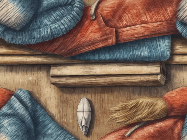 Auf dem Bild sind verschiedene Materialien zu sehen, die auf einen handwerklichen Prozess hindeuten. Es gibt gestrickte oder genähte Textilien in Blau und Rot, die ordentlich übereinander liegen. In der Mitte des Bildes befindet sich ein Holzblock, umgeben von weiteren Holzteilen. Zudem liegt ein kleines, elegantes Objekt in Form eines Bootes oder einer Schale aus hellem Material vor dem Holzblock. Das Bild vermittelt den Eindruck von Vorbereitung und Handwerk, möglicherweise für eine traditionelle Reise oder ein Projekt in Grönland.