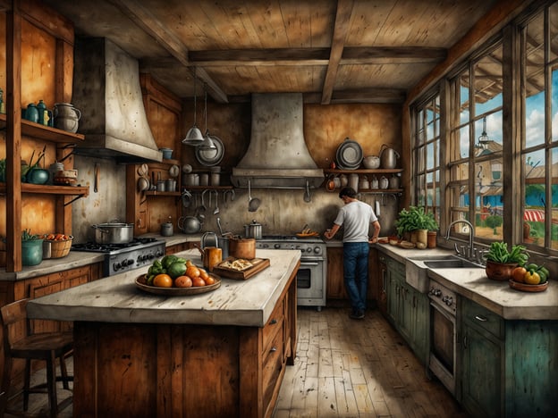 Was bedeutet kulinarisches Reisen? Kulinarisches Reisen bezeichnet die Entdeckung und Erkundung von Kulturen durch ihre Küche und gastronomischen Traditionen. Es geht darum, die Vielfalt der Speisen und Kochtechniken in verschiedenen Regionen der Welt zu erleben.Auf dem Bild ist eine einladende Küche zu sehen. Sie weist rustikale Holzmöbel und offene Regale auf, die mit verschiedenen Utensilien und Lebensmitteln bestückt sind. Ein Mensch steht am Herd und bereitet etwas vor, während auf der Arbeitsfläche eine Auswahl von frischem Obst und Gemüse sowie ein fertiges Gericht platziert ist. Große Fenster lassen Tageslicht herein und bieten einen Blick nach draußen, der eine lebhafte Atmosphäre schafft. Die gesamte Szene strahlt Gemütlichkeit und eine Verbindung zur Kunst des Kochens aus.