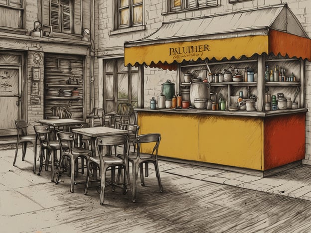 Auf dem Bild ist ein einladender Außenbereich eines kleinen Straßenstandes oder Imbisses zu sehen. Der Stand hat ein auffälliges gelbes und rotes Dach und ist mit verschiedenen Töpfen und Behältern gefüllt, die wahrscheinlich für die Zubereitung von Speisen verwendet werden. Vor dem Stand stehen mehrere einfache Holztische und Stühle, die eine gemütliche Atmosphäre schaffen. Der Standort wirkt rustikal, mit einer Mischung aus modernem und traditionellem Flair, was an die Vielfalt der asiatischen Straßenküche erinnert. Die Szene lädt zum Genießen von köstlichen, authentischen Gerichten ein – ein wahres Feuerwerk der Geschmäcker!