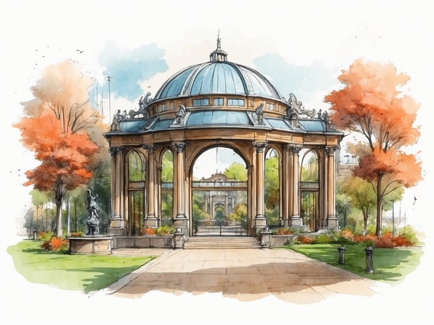 Auf dem Bild ist ein prachtvolles, historisches Bauwerk zu sehen, das von einem Garten umgeben ist. Es handelt sich wahrscheinlich um eine Art Pavillon oder Tempel, der von Säulen gestützt wird und ein charakteristisches Dach hat. Die bunten herbstlichen Bäume im Vordergrund verleihen dem Bild eine warme Atmosphäre.In der Geschichte von Flamingo Land gibt es oft Konzepte, die die Verschmelzung von Natur und architektonischen Schönheiten darstellen. Die Parks und Attraktionen sind häufig so gestaltet, dass sie die natürliche Umgebung respektieren und gleichzeitig visuelle Anziehungskraft bieten. Das abgebildete Gebäude könnte daher symbolisch für die harmonische Verbindung von Spaß, Natur und kulturellem Erbe stehen, die Flamingo Land präsentiert.