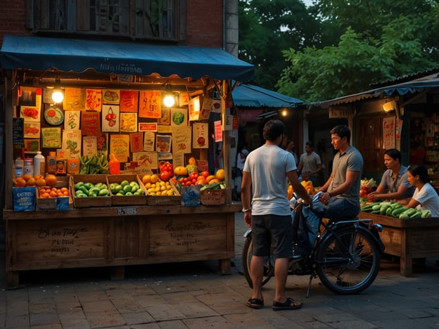 Auf dem Bild ist ein kleiner Marktstand mit frischem Obst und Gemüse zu sehen. Die Stände sind beleuchtet und die Atmosphäre ist einladend. Hier sind einige praktische Tipps für kulinarische Reisen:1. **Lokale Märkte besuchen**: Suchen Sie lokale Lebensmittelmärkte auf, um frische Produkte und authentische Speisen zu entdecken. Diese Märkte geben oft einen guten Einblick in die Esskultur des Landes.2. **Mit Einheimischen sprechen**: Fragen Sie die Verkäufer nach ihren Empfehlungen. Oft wissen sie, welche Produkte gerade saisonal und frisch sind.3. **Probieren Sie lokale Spezialitäten**: Scheuen Sie sich nicht, neue Früchte oder Gerichte auszuprobieren, die Sie nicht kennen. Viele Märkte bieten Verkostungen an.4. **Fotografieren und notieren**: Machen Sie Fotos von den Gerichten und schreiben Sie auf, was Ihnen geschmeckt hat, um es später nachzukochen oder nachzulesen.5. **Kochkurse in der Nähe**: Informieren Sie sich, ob es Kochkurse gibt, die von lokalen Köchen in der Nähe des Marktes angeboten werden. So können Sie die Zubereitung traditioneller Gerichte lernen.Viel Spaß bei Ihrem kulinarischen Abenteuer!