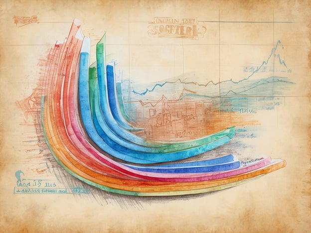 Das Bild zeigt ein grafisch gestaltetes Diagramm mit mehreren, farbigen Balken in verschiedenen Höhen, die sich in einer leicht geschwungenen Form anordnen. Die Balken bestehen aus Wasserfarben und sind in verschiedenen Tönen von Rot, Blau, Grün und Gelb gehalten. Im Hintergrund sind skizzierte Elemente und eine graphische Darstellung, die ein zusätzliches Diagramm zeigt. Der gesamte Hintergrund hat einen leicht strukturierten, antiken Look und weitere künstlerische Details.
