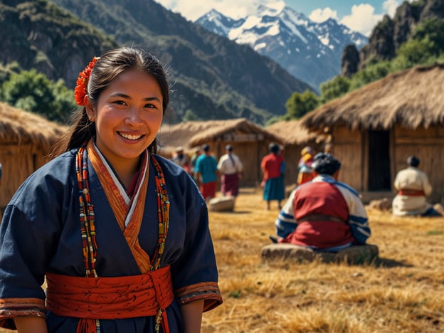 Auf dem Bild sehen wir eine junge Frau, die in traditioneller Kleidung lächelt. Im Hintergrund befinden sich Strohdächer von Hütten und Menschen, die in einem ländlichen, wahrscheinlich andinen Umfeld interagieren. Die majestätischen Berge mit schneebedeckten Gipfeln bilden eine beeindruckende Kulisse.Dieses Bild spiegelt das Herz kultureller Abenteuer wider, fernab der Touristenpfade. Hier begegnet man authentischen Bräuchen und Traditionen, die Besucher in die reiche Kultur und Lebensweise der dort lebenden Menschen eintauchen lassen. Solche Erlebnisse bieten eine einzigartige Möglichkeit, das Alltagsleben und die Gemeinschaften der Region hautnah kennenzulernen.