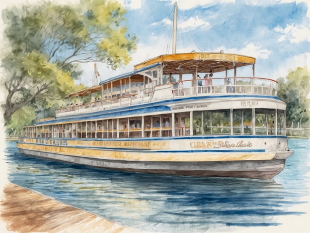 Ein mehrstöckiges Passagierschiff fährt auf einem ruhigen Fluss. Das Boot ist mit einer blauen und weißen Farbgebung gestaltet und hat eine offene Dachterrasse, auf der mehrere Personen stehen. Um das Schiff sind grüne Bäume zu sehen, die eine entspannte Atmosphäre schaffen. Es ist ein sonniger Tag mit klarem Himmel. Für Reisende nach Brisbane ist es empfehlenswert, eine Frachtschiff-Hafenrundfahrt zu unternehmen, um die Stadt vom Wasser aus zu erleben und die entspannte Umgebung zu genießen.