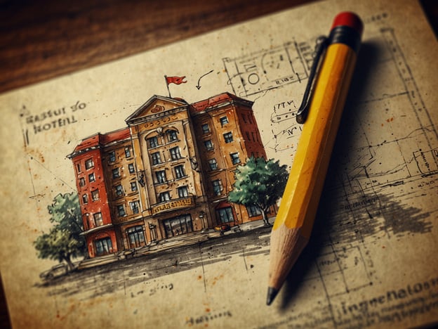 Auf dem Bild ist eine skizzenhafte Darstellung eines Hotels zu sehen, das möglicherweise "Cascais Hotel" heißt. Es zeigt die Fassade des Gebäudes sowie einige architektonische Elemente. Neben dem Hotel liegt ein gelber Bleistift, der auf das Zeichnen oder Planen hinweist.Wenn du eine Reise planst, könntest du Apps wie Booking.com oder Expedia nutzen, um Flüge und Hotels in der Nähe zu buchen.
