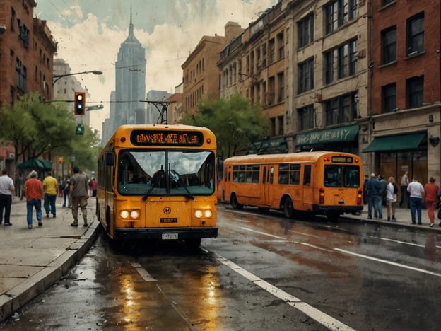 Auf dem Bild sind zwei Busse auf einer belebten Straße zu sehen, umgeben von Menschen. Der vordere Bus ist gelb, während der hintere orange ist. Im Hintergrund ragt ein hoher Wolkenkratzer, wahrscheinlich das Empire State Building, auf. Die Straße scheint nass zu sein, als ob es kürzlich geregnet hat.Um sich an diesem Ort zu orientieren, könnte man eine Navigations-App verwenden, um die genaue Lage zu finden oder die besten Routen zu planen, um dorthin zu gelangen. In einer Karten-App könnte man auch die Umgebung erkunden und weitere Sehenswürdigkeiten in der Nähe entdecken.