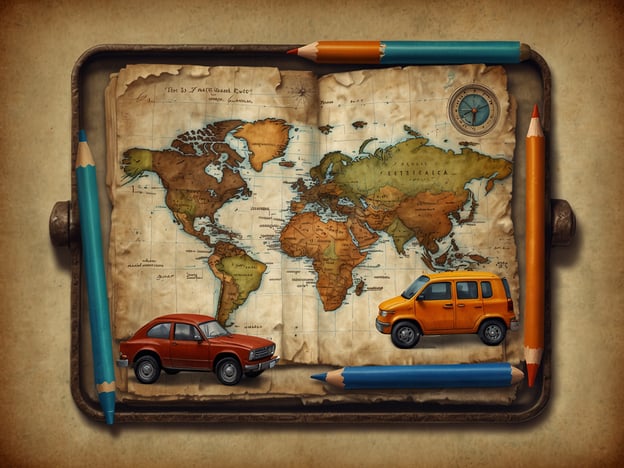 Auf dem Bild ist eine alte Weltkarte zu sehen, die auf einer Unterlage liegt. Um die Karte sind einige Buntstifte und zwei Modelle von Autos platziert, eines rot und eines orange. Die Karte wirkt nostalgisch, und es könnte den Eindruck erwecken, dass es um das Planen von Reisen geht.Für die Organisation deiner Reise könntest du Apps wie "TripIt", "Google Maps" oder "Booking.com" nutzen, um Flüge, Unterkünfte und Routen zu planen.