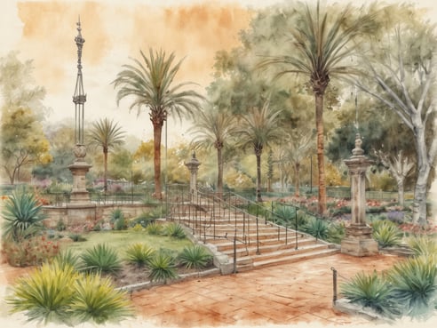 Eine malerische Gartenlandschaft mit einer Treppe, die zu einem mit Pflanzen und Blumen bewachsenen Bereich führt. Die Szene zeigt große Palmen und verschiedene Buschsorte, die eine üppige, grüne Umgebung schaffen. Im Hintergrund sind weitere Büsche und Bäume zu sehen, während der Himmel in sanften, warmen Farbtönen leuchtet. Die Treppe und die offenen Flächen laden zu einem entspannenden Spaziergang ein, wodurch der Ort eine ruhige und einladende Atmosphäre ausstrahlt.