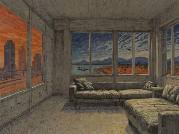 Auf dem Bild ist ein Innenraum ersichtlich, der eine gemütliche Couch zeigt. Durch die großen Fenster hat man einen Blick auf eine Stadtlandschaft, die zur einen Seite in ein oranges Licht getaucht ist, während auf der anderen Seite ein nächtlicher Himmel mit Wolken und einem Flugzeug zu sehen ist.Jetlag beschreibt das Gefühl der Ermüdung und des Unwohlseins, das auftritt, wenn man schnell über mehrere Zeitzonen hinweg reist. Er entsteht, weil die innere biologische Uhr des Körpers nicht mit der neuen Zeitzone synchronisiert ist, was zu Störungen im Schlaf-Wach-Rhythmus führt. Symptome sind Müdigkeit, Konzentrationsschwierigkeiten und Schlafstörungen.