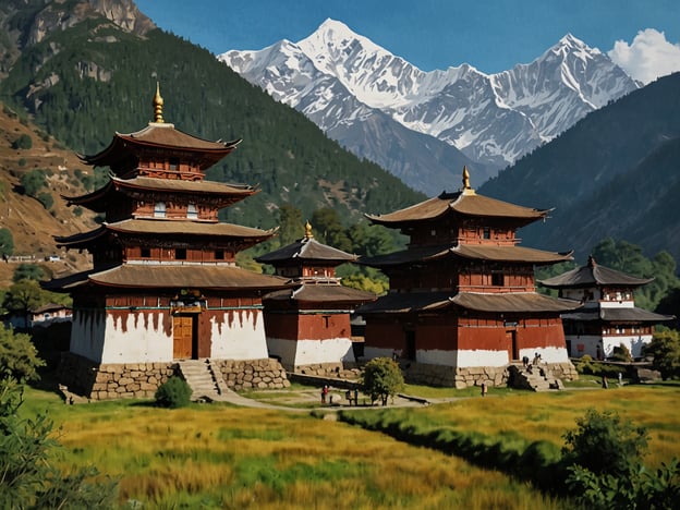 Auf dem Bild sind beeindruckende Tempel zu sehen, die von majestätischen, schneebedeckten Bergen umgeben sind. In Asien gibt es viele wunderschöne Wanderwege, die solche malerischen Landschaften bieten. Ein besonders bekannter Wanderweg ist der Annapurna Circuit in Nepal, der atemberaubende Ausblicke auf die Himalaya-Kette ermöglicht und vorbei an traditionellen Dörfern und kulturellen Stätten führt. Ein weiterer toller Wanderweg ist der Bhutan Trek um den Tiger's Nest, der zu einem berühmten Kloster führt und dabei eine spektakuläre Aussicht auf die umliegenden Berge bietet.