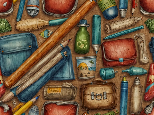 Auf dem Bild sind verschiedene Gegenstände zu sehen, die möglicherweise mit einem kreativen oder handwerklichen Projekt in Verbindung stehen. Es gibt Stifte, Malutensilien und Taschen, die in einem unordentlichen Arrangement auf einer Fläche liegen.Wenn es um Nachhaltigkeit im Strandurlaub geht, könnte man diese Utensilien nutzen, um umweltfreundliche Kunstprojekte zu gestalten, zum Beispiel Müll zu recyceln oder Naturmaterialien zu verwenden. Die Verwendung von wiederverwendbaren Wasserflaschen und das Vermeiden von Einwegplastik wären ebenfalls wichtige Aspekte eines nachhaltigen Strandurlaubs.