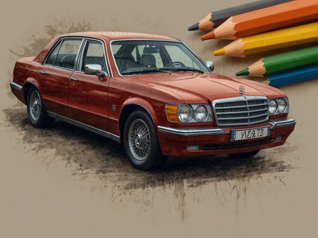 Auf dem Bild ist ein roter Mercedes-Benz zu sehen, der im Mittelpunkt steht. Er hat ein klassisches Design mit einer eleganten Karosserie und verchromten Details, was auf einen hohen Komfort und Stil hinweist.Im Hintergrund befinden sich mehrere Buntstifte in verschiedenen Farben, die auf kreative Aktivitäten hindeuten. Diese könnten zum Beispiel für Zeichnungen oder Illustrationen verwendet werden. Dieses Bild kombiniert also Automobilkunst mit der Idee des kreativen Schaffens, was vielfältige Unterhaltungsmöglichkeiten bietet, wie das Zeichnen des Autos oder das Gestalten von kunstvollen Postkarten.