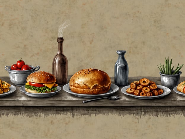 Auf dem Bild sind verschiedene kulinarische Genüsse zu sehen, die aus aller Welt stammen könnten.- In der Mitte befinden sich zwei Hamburger, die mit frischem Gemüse und Käse belegt sind, typisch für die amerikanische Fastfood-Kultur.- Daneben sieht man einen großen, bunten Brötchen, das möglicherweise ein knuspriges Brot aus dem Mittelmeerraum darstellt.- Auf einem anderen Teller liegen knusprige, kleine Teigtaschen, die an asiatische Happen erinnern könnten.- Zudem gibt es einen kleinen Behälter mit frischen Tomaten, die für die mediterrane Küche stehen, und einige grüne Bohnen in einem weiteren Gefäß.- Eine Flasche, die raucht, könnte auf ein aromatisches Getränk hinweisen, das in vielen Kulturen genossen wird.- Schließlich gibt es Teller mit süßen kleinen Gebäckstücken, die an orientalische Süßwaren erinnern.Diese Auswahl zeigt die Vielfalt und den Reichtum der internationalen Küche.