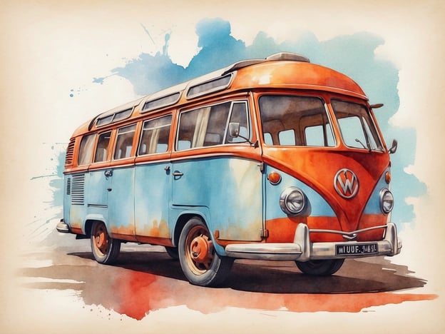Auf dem Bild ist ein VW-Bus zu sehen, der in einer bunten Wasserfarben-Illustration dargestellt ist. Der Bus hat ein nostalgisches Design in Blau und Orange, das an die 1960er und 1970er Jahre erinnert.
### Tipps für den Besuch:
1. **Erforschen Sie die Umgebung:** Wenn Sie einen ähnlichen Volkswagen-Bus sehen, nutzen Sie die Gelegenheit, Fotos zu machen und das Fahrzeug aus verschiedenen Winkeln zu betrachten.
2. **Besichtigen Sie Oldtimer-Treffen:** Schauen Sie nach Veranstaltungen oder Treffen von Oldtimern in Ihrer Nähe, um mehr über solche ikonischen Fahrzeuge zu erfahren.
3. **Fahrzeuggeschichte kennenlernen:** Informieren Sie sich über die Geschichte des VW-Bus, seine verschiedenen Modelle und dessen Bedeutung in der Popkultur.
4. **Probestellen:** Wenn möglich, können Sie einen ähnlichen VW-Bus mieten, um selbst eine nostalgische Fahrt zu erleben.
5. **Fotomöglichkeiten:** Nutzen Sie ansprechende Locations für tolle Fotos mit Oldtimern.