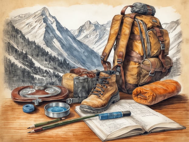 Auf dem Bild sind verschiedene Gegenstände zu sehen, die sich auf eine Reise ins Berner Oberland vorbereiten. Im Vordergrund liegt ein aufgeschlagenes Notizbuch, daneben befinden sich ein blauer Kompass, zwei grüne Bleistifte und eine Taschenlampe. Eine orange Isolierrolle und ein Rucksack sind ebenfalls abgebildet. Zu den abgebildeten Wanderschuhen gehört ein Wanderschuh, der auf dem Tisch steht. Im Hintergrund sind majestätische Berge und eine bewaldete Landschaft zu sehen, die die alpine Umgebung widerspiegeln.