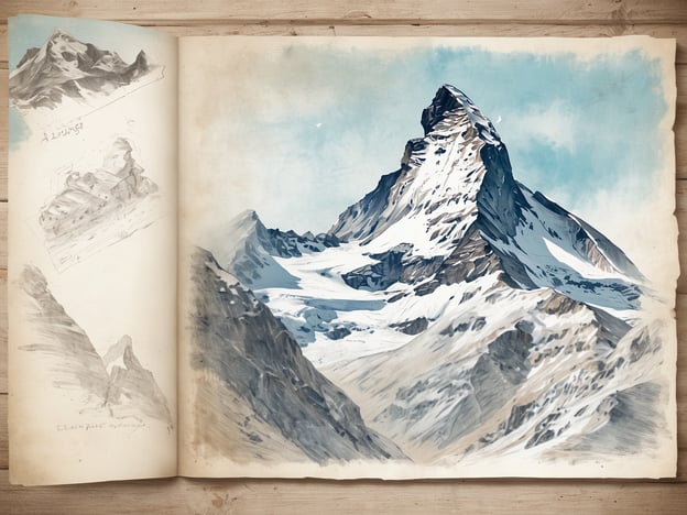 Ein beeindruckendes, watercolor-artiges Bild des Matterhorns zeigt den majestätischen Gipfel mit schneebedeckten Flanken und einem strahlend blauen Himmel im Hintergrund. Links sind skizzenhafte Darstellungen von Bergen zu sehen, die den künstlerischen Prozess der Darstellung der Alpenlandschaft widerspiegeln. Diese Szenerie lädt dazu ein, die atemberaubende Natur Zermatts zu erleben, wo der berühmte Berg einer der bekanntesten Wahrzeichen der Schweiz ist. Die Umgebung bietet zahlreiche Wander- und Skimöglichkeiten sowie eine einzigartige alpine Atmosphäre, die jeden Besucher in ihren Bann zieht.