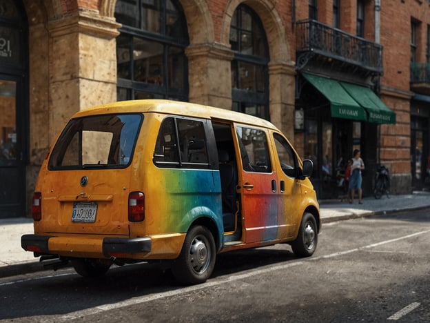 Auf dem Bild ist ein bunt bemalter Kleintransporter zu sehen, der am Straßenrand parkt. Solche Fahrzeuge werden oft für die Personenbeförderung oder als Transportmittel in der Stadt genutzt. Dieser spezielle Van könnte als Taxi oder Shuttle-Dienst fungieren, um Passagiere innerhalb der Stadt zu transportieren.Die Umgebung zeigt eine städtische Atmosphäre mit Geschäften und Gehwegen, wo Fußgänger sich bewegen können. Außerdem ist ein Fahrrad abgestellt, was eine weitere Möglichkeit der Fortbewegung innerhalb der Stadt darstellt. Insgesamt vermittelt das Bild einen Eindruck von lebhaftem urbanem Leben und verschiedenen Fortbewegungsmöglichkeiten.