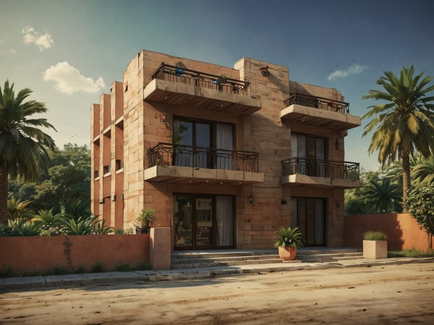 Auf dem Bild ist ein modernes zweigeschossiges Gebäude zu sehen, das aus einer sandfarbenen Steinstruktur besteht. Es hat große Fenster und Balkone mit Geländer, die eine entspannte Atmosphäre vermitteln. Um das Gebäude herum sind üppige Palmen und Pflanzen angeordnet, die dem Ort ein tropisches Gefühl verleihen.Für eine Unterkunft wie diese könnte man verschiedene Optionen in Betracht ziehen:1. **Luxuriös**: Ein Boutique-Hotel, das stilvolle Suiten mit Balkon und Blick auf die Natur bietet, Perfekt für einen entspannenden Aufenthalt.2. **Mittelklasse**: Ein Ferienresort oder ein individuelles Haus zur Miete, das Annehmlichkeiten wie einen Pool und direkten Zugang zur Natur hat.3. **Budget**: Ein Hostel oder eine günstige Pension in der Nähe, die einen einfachen, aber komfortablen Aufenthalt ermöglicht, ideal für Reisende mit einem kleinen Budget.Egal, welchen Stil oder welche Preiskategorie man bevorzugt, diese Art von Unterkunft scheint eine einladende und entspannte Atmosphäre zu bieten.