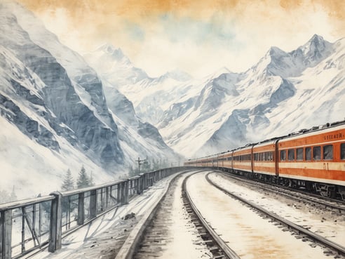 Eine malerische Szenerie mit schneebedeckten Bergen, die in sanften Blau- und Grautönen dargestellt sind. Im Vordergrund verläuft eine kurvige Zugstrecke, auf der ein orangefarbener Zug fährt. Neben den Schienen befindet sich eine Holzbrücke mit Geländer, die einen Blick auf die dramatische Berglandschaft bietet. Diese beeindruckende Landschaft ist ideal für Fotografie und Naturerkundungen. Die Reise nach Interlaken bietet spektakuläre Ausblicke und unvergessliche Erlebnisse in den Alpen.