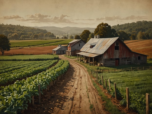 Auf dem Bild ist eine ländliche Szene mit einem Bauernhof und weitläufigen Feldern zu sehen. Diese Darstellung könnte auf nachhaltige Landwirtschaft hinweisen, wo ökologische Anbaumethoden Anwendung finden. Solche Höfe fördern einen bewussten Konsum, da sie frische, lokal produzierte Lebensmittel anbieten, die oft umweltfreundlicher sind als industriell hergestellte Produkte.Das Bild vermittelt eine Verbindung zur Natur und betont die Wichtigkeit, Ressourcen nachhaltig zu nutzen. Ein bewusster Konsum umfasst auch die Unterstützung lokaler Erzeuger, was die regionalen Wirtschaften stärkt und den ökologischen Fußabdruck verringert.
