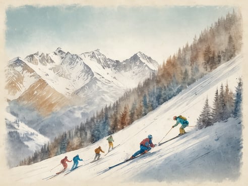Eine Gruppe von Skifahrern fährt einen schneebedeckten Hang hinunter, umgeben von majestätischen Bergen und dichten Nadelwäldern. Die Szene zeigt verschiedene Ski-Styles und lebendige Farben der Ski-Ausrüstung, während die Berglandschaft im Hintergrund eine ruhige und malerische Kulisse bietet. Das klare Himmelblau und die schneebedeckten Gipfel vermitteln ein Gefühl von Freiheit und Abenteuer. Ein Besuch in St. Moritz ermöglicht es, diese idyllische Winterlandschaft und die aufregenden Schneesportmöglichkeiten zu erleben.