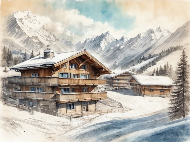Eine malerische Winterlandschaft mit traditionellen Holzchalets in Gstaad, umgeben von schneebedeckten Bergen und Tannenbäumen. Die Architektur der Chalets strahlt alpine Gemütlichkeit aus, während der sanfte Schnee auf den Dächern Ruhe und Idylle vermittelt. Der Himmel zeigt sanfte Pastellfarben, die den Sonnenaufgang oder -untergang andeuten. Diese Szene verkörpert die perfekte Kombination aus Naturfreundlichkeit und luxuriösem Alpinerlebnis, was Gstaad zu einem unvergleichlichen Reiseziel macht.