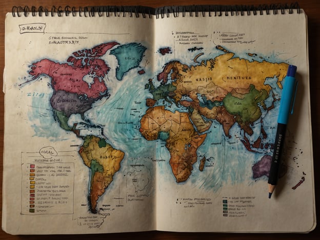 Auf dem Bild ist eine farbenfrohe Weltkarte zu sehen, die handgezeichnet aussieht. Die verschiedenen Länder sind in unterschiedlichen Farben dargestellt, und es gibt auch Beschriftungen in verschiedenen Sprachen. Zu den Kontinenten und Ländern sind möglicherweise Informationen oder Notizen am Rand der Karte angedeutet.
Falls du eine Packliste für Asien benötigst, könnte sie folgende Punkte umfassen:
1. **Reisedokumente**: Reisepass, Visa, Kopien wichtiger Dokumente.
2. **Kleidung**: Leichte, atmungsaktive Kleidung, bequeme Schuhe, Kleidung für verschiedene Wetterbedingungen.
3. **Hygieneartikel**: Zahnbürste, Zahnpasta, Seife, Shampoo, Sonnenschutzmittel.
4. **Medikamente**: Persönliche Medikamente, Erste-Hilfe-Set, Mückenschutz.
5. **Technik**: Smartphone, Ladegerät, eventuell eine Kamera.
6. **Geld**: Bargeld in der lokalen Währung, Kreditkarten, Geldbörse.
7. **Reiseunterlagen**: Buchungsbestätigungen, Reiseführer, Karten.
8. **Weitere Utensilien**: Wasserflasche, Rucksack, Adapter für Steckdosen.
Diese Liste kann je nach Reiseziel und persönlichen Bedürfnissen variieren.