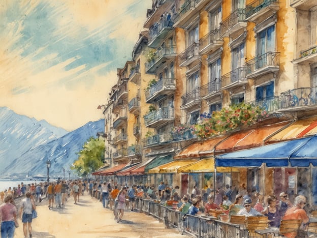 Eine lebhafte Promenade am Genfersee mit zahlreichen Menschen, die entspannt spazieren gehen. Auf der linken Seite sind farbenfrohe Cafés mit Sonnenschirmen und Tischen zu sehen, während die eleganten Gebäude im Hintergrund mit Balkonen und üppigen Blumen geschmückt sind. Die majestätischen Berge im Hintergrund ergänzen die idyllische Kulisse. Das Bild vermittelt eine einladende Atmosphäre, ideal für einen Urlaub am Genfersee.