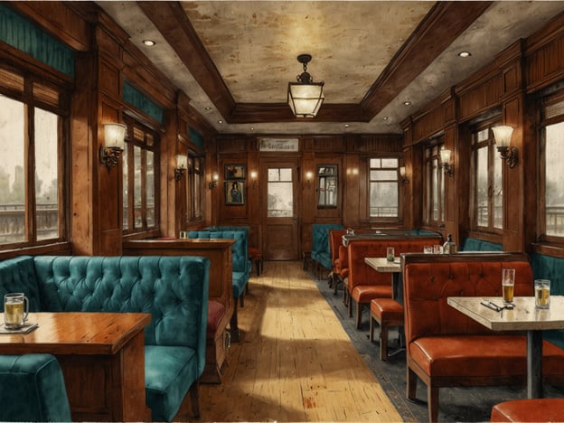 Auf dem Bild ist ein gemütliches Restaurant oder Café zu sehen, das ansprechende Holzvertäfelungen und eine warme Atmosphäre ausstrahlt. Die Sitzgelegenheiten sind mit sanften, türkisfarbenen und orangenen Polstern ausgestattet, die zusammen mit den Holztischen eine vertraute, entspannte Umgebung schaffen.
Kulturell gesehen spiegelt solch eine Einrichtung häufig eine Tradition von Geselligkeit und Gemeinschaft wider. In vielen europäischen Ländern, wie Deutschland, ist es üblich, in solchen Lokalitäten Zeit mit Freunden oder Familie zu verbringen. Man trifft sich oft zu einem Bier oder einem Essen, was eine gesellige Kultur fördert.
Verhaltensregeln variieren je nach Kultur: In einigen Ländern ist es höflich, beim Eintreten zu grüßen und sich an einem freien Tisch zu setzen, während in anderen eine bestimmte Reihenfolge beim Bedienen gewahrt bleiben sollte.
Insgesamt vermittelt das Bild ein Gefühl von Ruhe und Gemütlichkeit, was einladend wirkt und den Wunsch anregt, eine Weile zu verweilen und die Atmosphäre zu genießen.