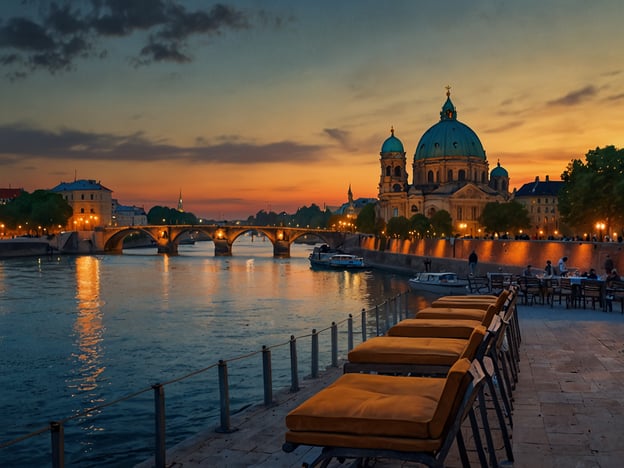 Auf dem Bild ist eine malerische Abendaufnahme einer Stadtlandschaft am Wasser zu sehen, die durch warmes Licht und eine romantische Atmosphäre besticht. Im Hintergrund sieht man eine prächtige Kathedrale mit einer markanten Kuppel, die im Abendlicht strahlt. Die ruhigen Wasserflächen reflektieren die Lichter der Stadt und schaffen eine bezaubernde Kulisse für Paare.
Kulturelle Highlights für Paare könnten Spaziergänge entlang der Uferpromenade, romantische Bootstouren auf dem Wasser oder ein Besuch in einem der gemütlichen Cafés mit Blick auf die atemberaubende Architektur sein. Diese Umgebung lädt dazu ein, gemeinsam magische Momente zu erleben und die Schönheit der Stadt zu genießen.