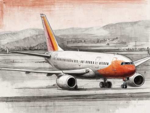 Ein farbiges, skizziertes Bild eines Flugzeugs, das auf einer Landebahn steht. Das Flugzeug hat eine markante orangefarbene und weiße Farbgebung. Im Hintergrund sind sanfte Hügel und eine leicht bewölkte Landschaft sichtbar. Die Sicht auf das Flugzeug ist frontal, wobei die Tragflächen und Triebwerke deutlich zu erkennen sind.
