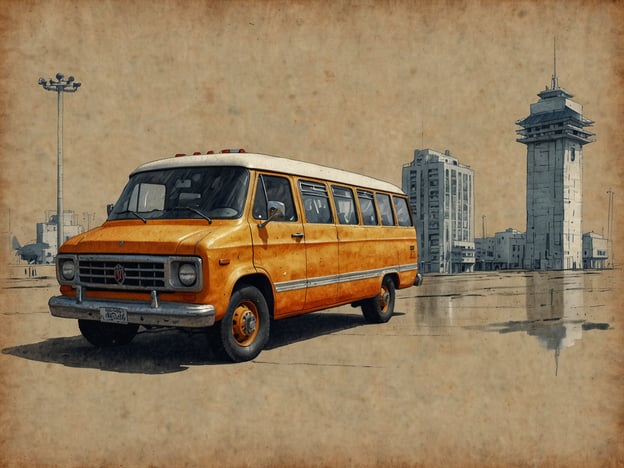 Auf dem Bild ist ein orangefarbener Bus zu sehen, der vor einer urbanen Kulisse parkiert ist. Im Hintergrund erkennt man mehrere Gebäude sowie einen Turm, der möglicherweise eine Art Kontrollturm darstellt.**Planung und Vorbereitung:**Um eine ähnliche Szene zu gestalten, könnte man folgende Schritte in Betracht ziehen:1. **Standortwahl**: Wählen Sie einen geeigneten Ort mit einem urbanen Hintergrund, der eine interessante Architektur bietet.2. **Fahrzeugauswahl**: Suchen Sie nach einem charakteristischen Fahrzeug, das gut zum gewählten Standort passt.3. **Wetterbedingungen**: Planen Sie den Tag und die Uhrzeit, um das beste Licht für die Fotografie zu nutzen.4. **Komposition**: Überlegen Sie sich, wie Sie das Bild rahmen möchten, um sowohl das Fahrzeug als auch den Hintergrund ansprechend darzustellen.5. **Nachbearbeitung**: Bereiten Sie sich darauf vor, das Bild digital zu bearbeiten, um den gewünschten künstlerischen Effekt zu erzielen.Durch diese Schritte kann man eine ähnliche Bildkomposition schaffen, die sowohl das Fahrzeug als auch die Umgebung in den Fokus rückt.