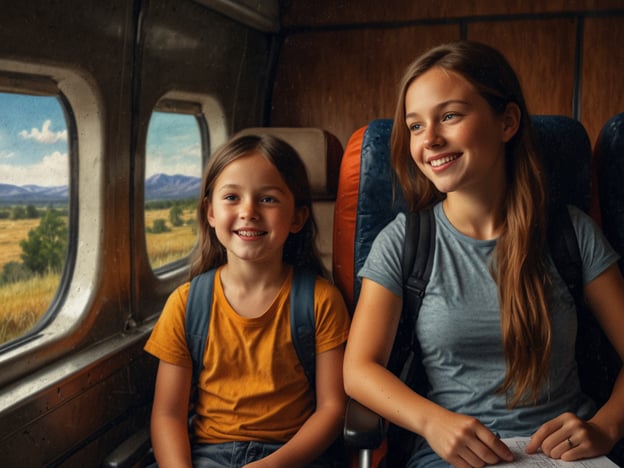 Auf dem Bild sind zwei Kinder zu sehen, die im Zug sitzen und aus dem Fenster schauen. Sie wirken glücklich und entspannen sich während der Reise.Hier sind einige Tipps für das Reisen mit Kindern:1. **Unterhaltung mitnehmen**: Bringen Sie Bücher, Malhefte oder Tablets mit, um die Kinder während der Fahrt zu beschäftigen.2. **Snacks vorbereiten**: Gesunde Snacks sind wichtig, um die Kinder während der Reise bei Laune zu halten.3. **Regelmäßige Pausen einplanen**: Wenn möglich, planen Sie Stopps ein, damit sich die Kinder die Beine vertreten können.4. **Reisezeit spielerisch gestalten**: Organisieren Sie Spiele, die die Kinder während der Fahrt spielen können, wie „Ich sehe was, was du nicht siehst“.5. **Komfortables Gepäck**: Achten Sie darauf, dass die Rucksäcke der Kinder leicht und mit ihren Lieblingssachen gefüllt sind.Mit diesen Tipps wird das Reisen mit Kindern entspannter und angenehmer!