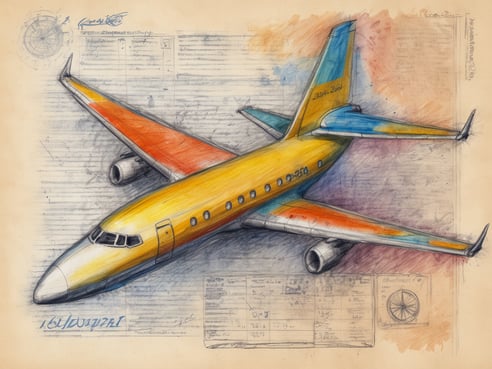 Das Bild zeigt eine künstlerische Darstellung eines Flugzeugs, das in bunten Farben, hauptsächlich Gelb, Orange und Blau, illustriert ist. Das Flugzeug ist von oben zu sehen und befindet sich auf einem Hintergrund mit technischen Zeichnungen und Notizen. Die Skizze vermittelt einen nostalgischen Charakter und ist leicht unregelmäßig, was auf eine handgefertigte Kunstwerk hindeutet. Im unteren Bereich sind mehrere detaillierte Informationen und Skizzen angeordnet, die dem Bild einen technischen Aspekt verleihen und die Planung eines Fluges andeuten.