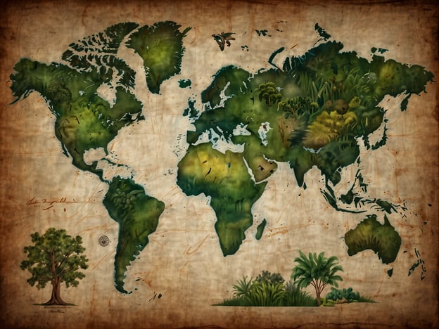 Auf dem Bild ist eine künstlerische Weltkarte zu sehen, die mit grünen Tönen und botanischen Elementen gestaltet ist. Diese Darstellung symbolisiert die Naturvielfalt und die Wichtigkeit von Wäldern und grünen Flächen weltweit.Verantwortungsvoller Tourismus spielt eine entscheidende Rolle im Zusammenhang mit Nachhaltigkeit und Naturschutz. Indem Reisende umweltbewusste Entscheidungen treffen und lokale Ökosysteme respektieren, können sie dazu beitragen, natürliche Ressourcen zu schützen und den Lebensraum von Pflanzen und Tieren zu bewahren. Ein nachhaltiger Tourismus fördert nicht nur den Schutz der Umwelt, sondern unterstützt auch lokale Gemeinschaften und deren Bemühungen um den Erhalt der Natur. So wird nicht nur das Reisen bereichert, sondern auch ein Beitrag zu einer gesünderen Erde geleistet.
