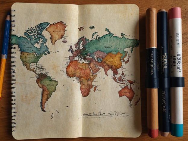 Auf dem Bild ist eine wunderschöne, handgezeichnete Weltkarte zu sehen, die in einem Skizzenbuch eingebettet ist. Neben der Karte liegen einige Marker und ein Bleistift, die vermutlich zum Zeichnen oder Notieren verwendet werden.
Wenn du den perfekten Reiseblog für dich finden möchtest, achte darauf, dass der Blog:
1. **Persönliche Erlebnisse**: Authentische Geschichten und Erfahrungen des Reisebloggers teilt.
2. **Destinationen**: Informationen über die Orte bietet, die dich wirklich interessieren.
3. **Praktische Tipps**: Nützliche Ratschläge zu Unterkünften, Transport und Aktivitäten bereitstellt.
4. **Visuelle Inhalte**: Ansprechende Fotos oder Illustrationen von den bereisten Orten zeigt, die dich inspirieren.
5. **Interaktive Elemente**: Möglichkeiten zur Interaktion, wie Kommentare oder Social-Media-Links, bietet.
So findest du einen Blog, der zu deinen Reisevorlieben passt und dich auf deinen Abenteuern begleitet!